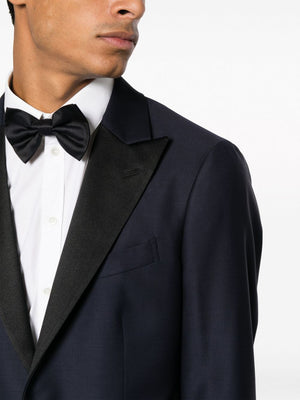 Blue/Black Wool Suit with Peak Lapels for Men