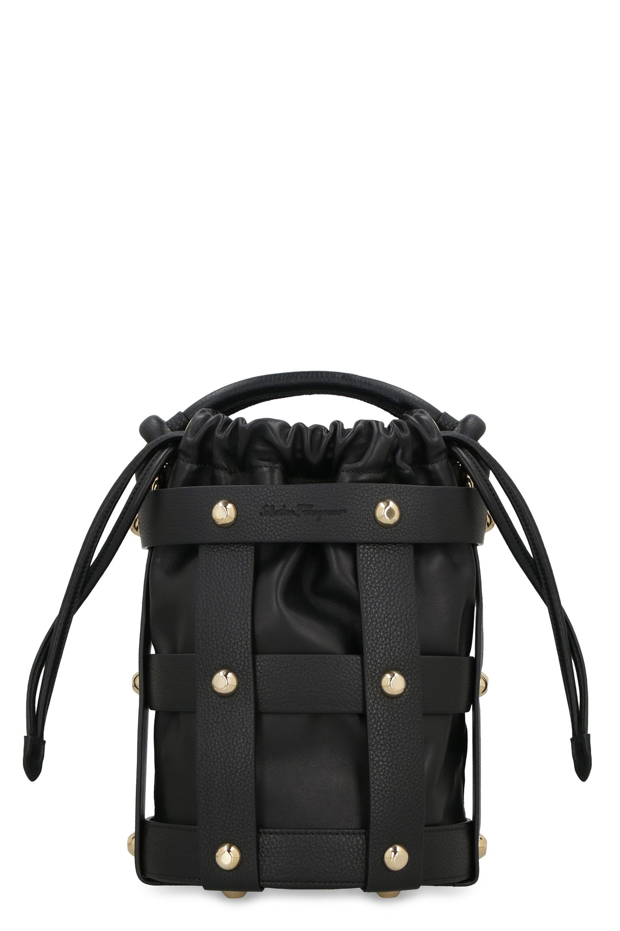 Black Leather Women's Bucket Bag with Gold-Tone Studs and Drawstring Closure
