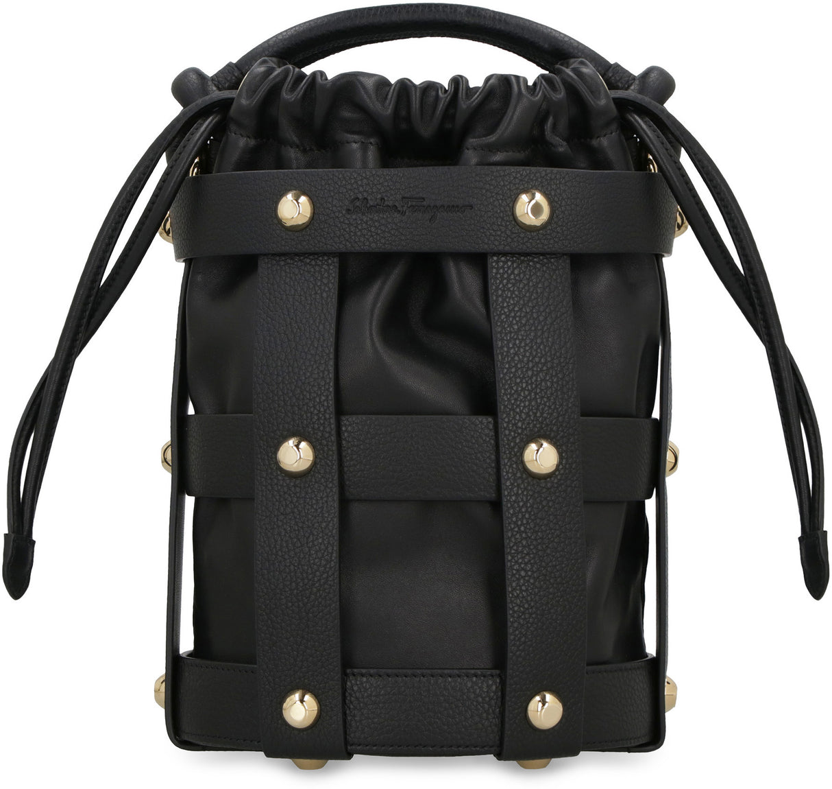 FERRAGAMO Black Pebbled Leather Drawstring Bucket Bag for Women - SS23
